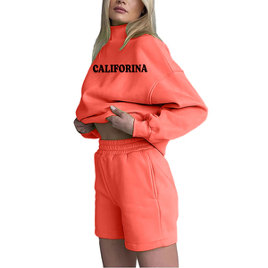 Women's Green Fleece Turtleneck Shorts <b>Set</b> Regular Fit Casual Solid Color Two Piece Sweatshirt Shorts Outfit Winter Eco-Friendly - Product Image 2