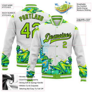 Nuevo diseño personalizado Graffiti patrón neón Verde Negro moda abstracto urbano Calle Arte 3D bombardero completo Snap Varsity chaqueta deportiva - Product Image 2