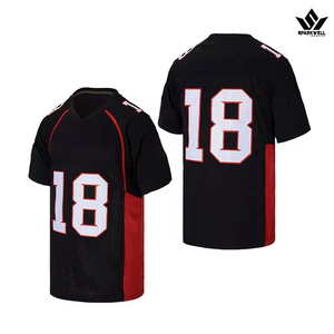 Maillot de football américain noir et rouge pour homme, col en V, manches courtes, maille sublimée respirante, numéro 18, vêtements d'équipe - Product Image 1