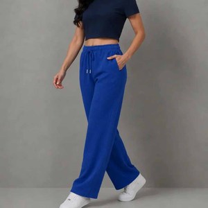 Pantalones Deportivos de Punto para Mujer, Color Azul, Pierna Ancha, Cintura Alta con Cordón, Corte Holgado Informal, Largos, Color Sólido - Product Image 3