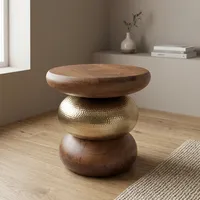 Table basse ronde moderne avec plateau en bois et base en métal doré, meuble contemporain pour salon, table d'appoint faite à la main