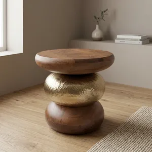 Modern <b>Round</b> Coffee <b>Table</b> Wood Top <b>Gold</b> Metal Base Contemporary Living Room Furniture Handmade Accent <b>Table</b> - Product Image 6