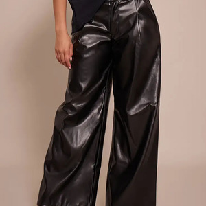 Pantalon en cuir PU taille haute pour femme avec logo personnalisé, coupe ample, couleur unie, jambe large, longueur intégrale, style décontracté automne - Product Image 4