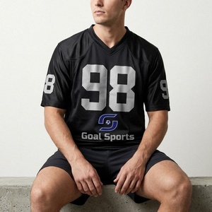 Maillot de football américain respirant 100 % polyester en maille, impression par transfert thermique, manches courtes, personnalisable avec nom, numéro et logo, vente en gros pour adultes - Product Image 1