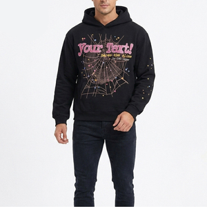 Sweat à capuche respirant d'hiver en coton French Terry 370 g/m² noir motif toile d'araignée, personnalisable avec paillettes, coupe classique, style streetwear, vente en gros - Product Image 2