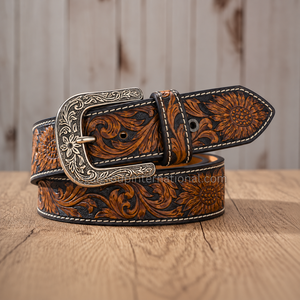 Top Quality Western Style Sunflower & Floral Hand Tooled Grain Leather <b>Belt</b> for Men & Women Vintage Black Brown <b>Cowboy</b> <b>Belt</b> - Product Image 3