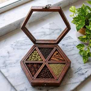 Moderno y Elegante Juego de Cajas de Especias de Madera Hechas a Mano, Diseño Tradicional Chino, Madera de Mango, Tapa de Bambú, Apilables, para Mantener la Frescura - Product Image 1