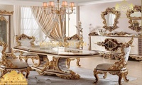 Ensemble de table à manger moderne en teck doré royal sculpté à la main, durable et sur mesure, DSTEXPORTS Inde