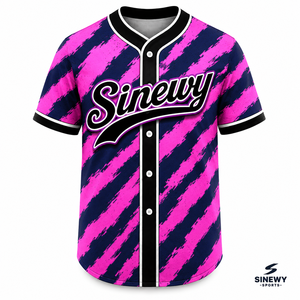 Maillot de baseball personnalisé Sinewy rose et bleu marine rayé, sublimé, unisexe, adulte, manches courtes, séchage rapide, boutons sur le devant - Product Image 2