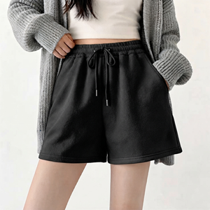 <b>Women's</b> <b>White</b> Solid Color Knitted Cotton <b>Shorts</b> High Waist Drawstring Elastic Casual Loose Fit With Pockets - Product Image 2