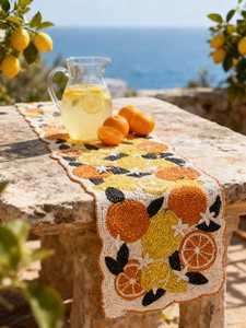 Hand Beaded Citrus Table Runner Orange Lemon Embroidery Scarf - Product Image 2