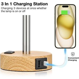 Lámpara Táctil Regulable de 3 Intensidades para Mesa de Noche, con Puertos de Carga USB C y Tomacorriente de CA, Base Pequeña de Madera, Lámparas de Mesa de Lino - Product Image 2