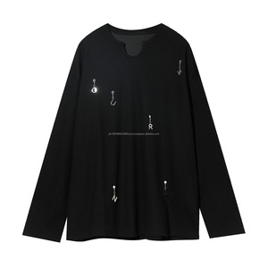 Camiseta de manga larga de gofre personalizada de fábrica para hombre, Sudadera con cuello redondo y Costilla rasgada con aguja, suéter de calle de algodón para hombre - Product Image 5