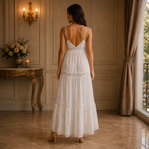 Womens White Eyelet Lace Maxi Dress Deep V Neck Double Strap Sleeveless Tiered Flowy Summer Beach Resort Holiday Elegant Boho - Product Image 3