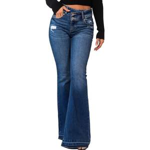 2025 pantalones vaqueros acampanados elásticos de cintura alta para mujer pantalones vaqueros rasgados ajustados con parte inferior de campana bolsillos estilo delgado diseño transpirable - Product Image 3