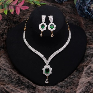V Shape Diamond Look Necklace Set Emerald CZ Oval 22K Gold Plated Brass Adjustable Bridal Jewelry for Women - Product Image 1