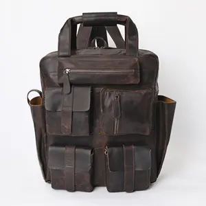कस्टम लक्जरी चमड़े के बैग बैग विंटेज बैग बड़ी क्षमता आउटडोर यात्रा स्कूल प्रयोजन कई जेब के साथ पट्टियाँ