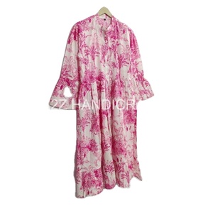 Vestido Midi de verano informal con estampado de bloques a mano para mujer, algodón transpirable, mangas 3/4, Color Natural, largo hasta el suelo para todos los días - Product Image 3