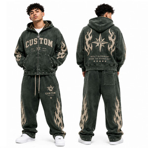 Men Distressed Flame Applique Hoodie Sweatpants 2 Piece Set Custom Studded Leopard Lined <b>Tracksuit</b> - Product Image 4
