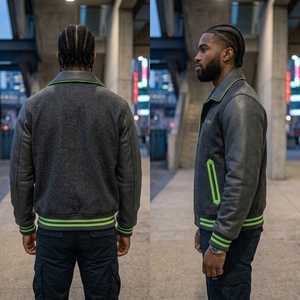 Chaqueta Letterman para Hombre, Color Carbón, Cuerpo de Lana, Mangas de Cuero Negro, Ribete Verde, Bordado Personalizado, Estilo Bomber, OEM, ODM - Product Image 4