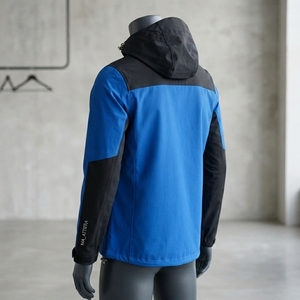 Chaqueta cortavientos con capucha para hombre, azul y negra, con bloques de color, cremallera completa, para deportes al aire libre y senderismo, con bolsillos. - Product Image 3