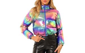 Ladies Denim <b>Bomber</b> <b>Jacket</b>-Warm Windbreaker Breathable High Quality Polyester Filled Cotton Lining Stand Collar Cropped Design - Product Image 2