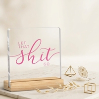 Support de signalétique en acrylique transparent avec base en bois naturel, personnalisable avec logo, pour mariage, événement, restaurant, décoration de table