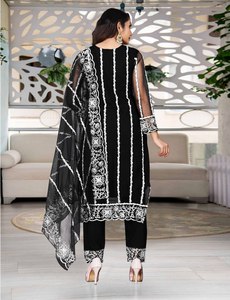 Women's Black Embroidered Traditional <b>Indian</b> Pakistani Net Material Quick Dry <b>Kurta</b> Set Dupatta Regular Fit Ankle-Length Casual - Product Image 2