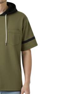 Camiseta con Capucha Personalizada para Hombre, Color Verde Oliva, Manga Corta, con Bolsillo Negro en la Capucha, Estilo Casual Urbano, Venta al Por Mayor OEM - Product Image 4