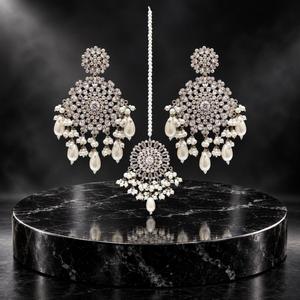 Silver Plated Clear Stone Floral Earrings and Maang <b>Tikka</b> Set with Faux Pearl Drops Bridal Jewelry Factory Wholesale - Product Image 5