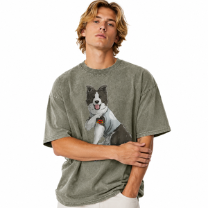 <span class=keywords><strong>T</strong></span>-shirt en coton épais surdimensionné avec logo personnalisé, imprimé graphique chien <span class=keywords><strong>Border</strong></span> <span class=keywords><strong>Collie</strong></span>, style vintage délavé, vêtements streetwear pour hommes - Product Image 1