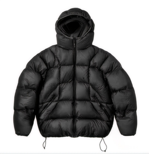Men's Black Eco-Friendly Puffer Jacket Hooded Stand Collar <b>Zipper</b> Front Solid Color Winter <b>Coat</b> Quilted Streetwear Outerwear - Product Image 5