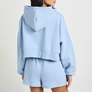 Ensemble décontracté 2 pièces tendance pour femme, coupe ample, à manches longues et à capuche, motif uni, nouvelle collection printemps, sweat à capuche zippé et short pour femme - Product Image 2