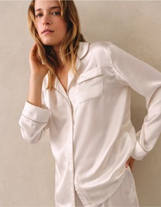 Women's <b>White</b> Satin Long Sleeve Pajama <b>Set</b> Classic Turn-down Collar Full Length Two-<b>Piece</b> Sleepwear Smooth Material - Product Image 3