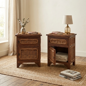 New Modern Minimalist Ambon Wooden Storage Cabinet Natural Rattan Wicker Drawer Door <b>Side</b> <b>Table</b> Storage Unit Living Room Bed - Product Image 3