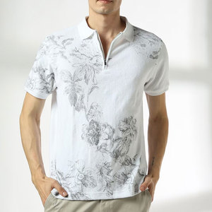 Polo à manches courtes en tricot blanc à imprimé floral pour homme avec fermeture éclair, style décontracté, respirant, coupe classique, faible MOQ, chemises pour homme - Product Image 1