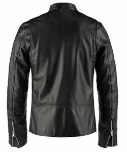 Blouson moto homme noir en cuir PU écologique, col montant, fermeture éclair, coupe ajustée, longueur standard, couleur unie, pour l'hiver - Product Image 3