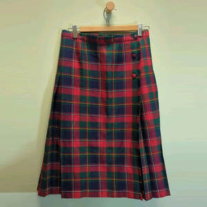 Jupe plissée en laine à carreaux écossais rouges vintage pour femme avec boutons - Product Image 1