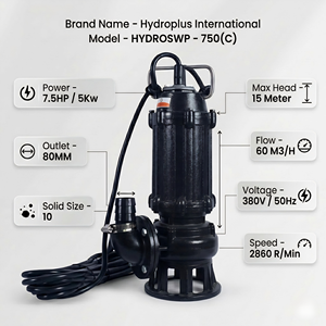 Hydroplus International 7.5HP Sewage Drainage Cutter Pump HeavyDuty WasteWater Transfer Industrial 380V HighFlow 60M3/H 15M Head - Product Image 2