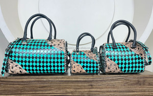 Customized Small Cute Hand Tooled Genuine Leather <b>Travel</b> Duffel <b>Bags</b> Women Western Design Checkered Pattern <b>Crossbody</b> Speedy <b>Bag</b> - Product Image 5