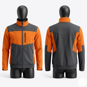 340 GSM Polyester Spandex <b>Soft</b> <b>Shell</b> Work <b>Jacket</b> Orange Grey Contrast Panel Custom Embroidery Print Logo - Product Image 1