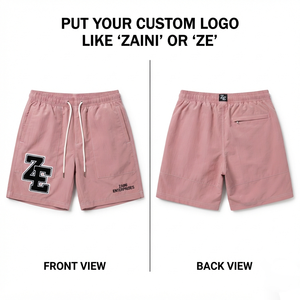 Shorts coupe-vent pour hommes 140 GSM en micro-polyester premium résistant à l'eau, rose poudré, avec empiècements et logo brodé personnalisé - Product Image 1