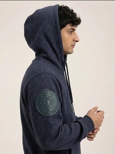 <b>Men's</b> <b>Navy</b> Blue Hooded Pullover Sweatshirt Front Embossed Logo Regular Fit Casual <b>Fleece</b> Spandex/Polyester Spring Breathable - Product Image 3