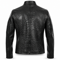 Veste en cuir véritable noir pour homme, texture croco gaufrée de qualité supérieure, col montant, fermeture éclair intégrale, coupe slim, style motard, vêtement d'extérieur tendance