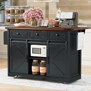 Carrello da Cucina Stile Fattoria da 136 cm con Presa di Corrente, 2 Ante Scorrevoli, Ripiano Ribaltabile e Porta Spezie, con Funzione di Rotolamento - Product Image 1
