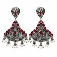Boucles d'oreilles classiques en laiton, motif floral, argent oxydé, pierre rouge, vente en gros |   Boucles d'oreilles pendantes de qualité supérieure |   Usine directe