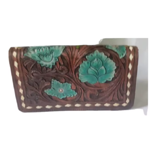 Handmade Genuine Leather Floral Tooled Wallet Clutch for Women Vintage Western Leather <b>Purse</b> Hand Painted Organizer Fashion Card - Product Image 3