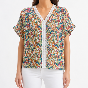 Débardeur tricoté imprimé à col en V et manches courtes pour femme, style décontracté pour l'été - Product Image 1