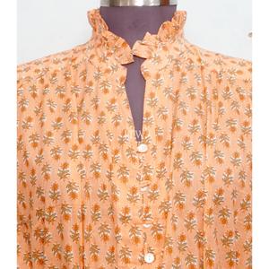 Orange Handmade Floral <b>Print</b> Midi <b>Dress</b> Short Sleeve Stand Collar Button Up High Waist Ruffle A Line Summer <b>Dress</b> - Product Image 6