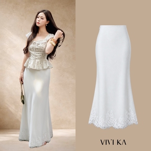 Falda Maxi de Mujer, Blanca, Cintura Alta, Tela Suave, Adorno de Encaje, Estilo Sirena, Elegante, Estilo Casual, VANESSA - Product Image 1